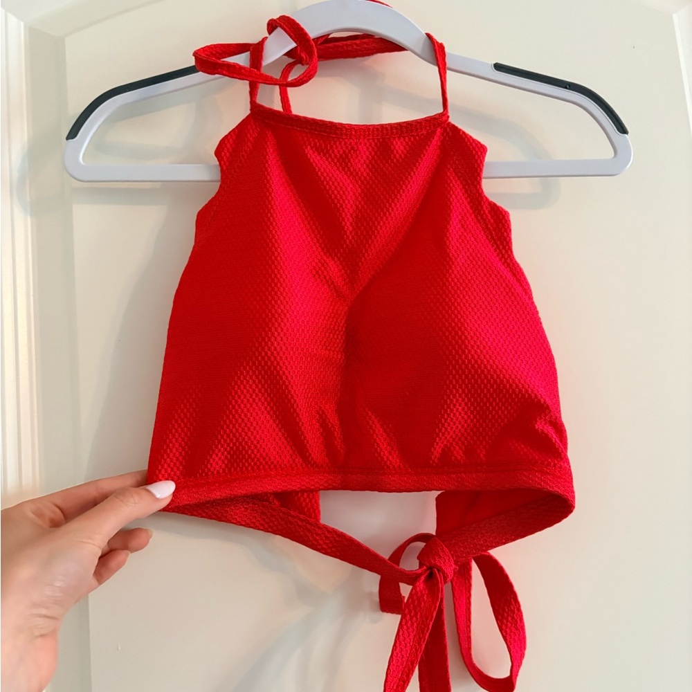 Cupshe Red Textured scalloped Tie-Back Halter bikini Top